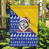 Bosnia and Herzegovina Christmas Garden Flag with Husky Dog Santa Hat and Blue Yellow Snowflake Pattern - Wonder Print Shop