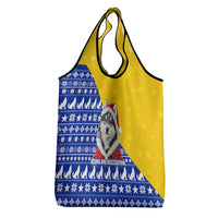 Bosnia and Herzegovina Christmas Grocery Bag with Husky Dog Santa Hat and Blue Yellow Snowflake Pattern - Wonder Print Shop