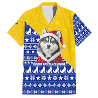 Bosnia and Herzegovina Christmas Hawaiian Shirt with Husky Dog Santa Hat and Blue Yellow Snowflake Pattern - Wonder Print Shop