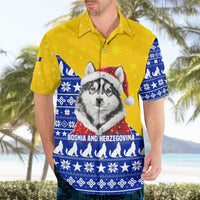Bosnia and Herzegovina Christmas Hawaiian Shirt with Husky Dog Santa Hat and Blue Yellow Snowflake Pattern - Wonder Print Shop