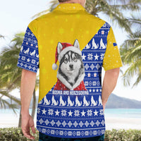 Bosnia and Herzegovina Christmas Hawaiian Shirt with Husky Dog Santa Hat and Blue Yellow Snowflake Pattern - Wonder Print Shop