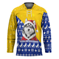 Bosnia and Herzegovina Christmas Hockey Jersey with Husky Dog Santa Hat and Blue Yellow Snowflake Pattern - Wonder Print Shop