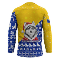Bosnia and Herzegovina Christmas Hockey Jersey with Husky Dog Santa Hat and Blue Yellow Snowflake Pattern - Wonder Print Shop
