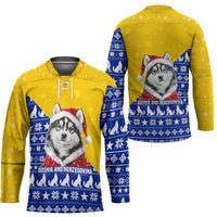 Bosnia and Herzegovina Christmas Hockey Jersey with Husky Dog Santa Hat and Blue Yellow Snowflake Pattern - Wonder Print Shop
