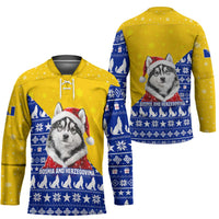 Bosnia and Herzegovina Christmas Hockey Jersey with Husky Dog Santa Hat and Blue Yellow Snowflake Pattern - Wonder Print Shop
