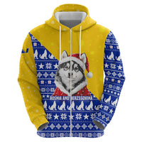 Bosnia and Herzegovina Christmas Hoodie with Husky Dog Santa Hat and Blue Yellow Snowflake Pattern - Wonder Print Shop
