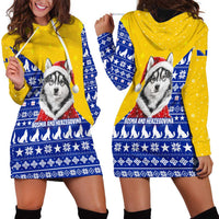 Bosnia and Herzegovina Christmas Hoodie Dress with Husky Dog Santa Hat and Blue Yellow Snowflake Pattern - Wonder Print Shop
