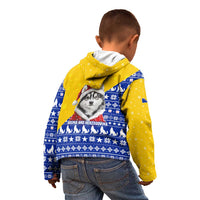 Bosnia and Herzegovina Christmas Kid Hoodie with Husky Dog Santa Hat and Blue Yellow Snowflake Pattern - Wonder Print Shop