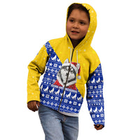 Bosnia and Herzegovina Christmas Kid Hoodie with Husky Dog Santa Hat and Blue Yellow Snowflake Pattern - Wonder Print Shop