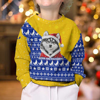 Bosnia and Herzegovina Christmas Kid Ugly Christmas Sweater with Husky Dog Santa Hat and Blue Yellow Snowflake Pattern - Wonder Print Shop