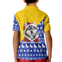 Bosnia and Herzegovina Christmas Kid Polo Shirt with Husky Dog Santa Hat and Blue Yellow Snowflake Pattern - Wonder Print Shop
