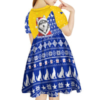 Bosnia and Herzegovina Christmas Kid Short Sleeve Dress with Husky Dog Santa Hat and Blue Yellow Snowflake Pattern - Wonder Print Shop