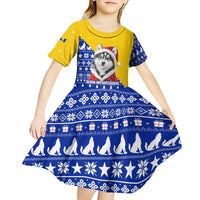 Bosnia and Herzegovina Christmas Kid Short Sleeve Dress with Husky Dog Santa Hat and Blue Yellow Snowflake Pattern - Wonder Print Shop