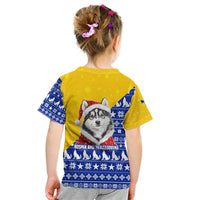 Bosnia and Herzegovina Christmas Kid T Shirt with Husky Dog Santa Hat and Blue Yellow Snowflake Pattern - Wonder Print Shop