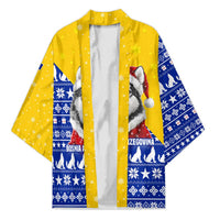 Bosnia and Herzegovina Christmas Kimono with Husky Dog Santa Hat and Blue Yellow Snowflake Pattern - Wonder Print Shop