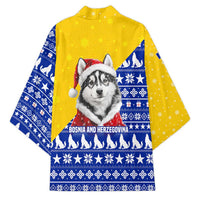 Bosnia and Herzegovina Christmas Kimono with Husky Dog Santa Hat and Blue Yellow Snowflake Pattern - Wonder Print Shop