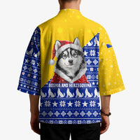 Bosnia and Herzegovina Christmas Kimono with Husky Dog Santa Hat and Blue Yellow Snowflake Pattern - Wonder Print Shop
