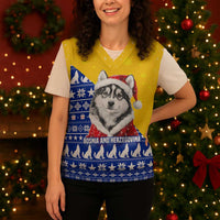 Bosnia and Herzegovina Christmas Knitted V-Neck Vest with Husky Dog Santa Hat and Blue Yellow Snowflake Pattern - Wonder Print Shop