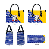 Bosnia and Herzegovina Christmas Leather Bag with Husky Dog Santa Hat and Blue Yellow Snowflake Pattern - Wonder Print Shop