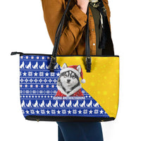 Bosnia and Herzegovina Christmas Leather Tote Bag with Husky Dog Santa Hat and Blue Yellow Snowflake Pattern - Wonder Print Shop