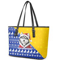 Bosnia and Herzegovina Christmas Leather Tote Bag with Husky Dog Santa Hat and Blue Yellow Snowflake Pattern - Wonder Print Shop