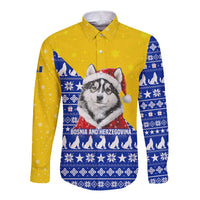 Bosnia and Herzegovina Christmas Long Sleeve Button Shirt with Husky Dog Santa Hat and Blue Yellow Snowflake Pattern - Wonder Print Shop