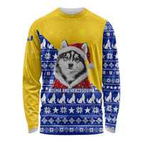 Bosnia and Herzegovina Christmas Long Sleeve Shirt with Husky Dog Santa Hat and Blue Yellow Snowflake Pattern - Wonder Print Shop