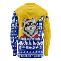 Bosnia and Herzegovina Christmas Long Sleeve Shirt with Husky Dog Santa Hat and Blue Yellow Snowflake Pattern - Wonder Print Shop