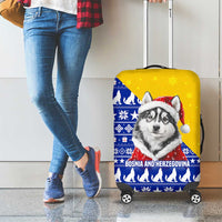 Bosnia and Herzegovina Christmas Luggage Cover with Husky Dog Santa Hat and Blue Yellow Snowflake Pattern - Wonder Print Shop