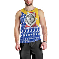 Bosnia and Herzegovina Christmas Men Tank Top with Husky Dog Santa Hat and Blue Yellow Snowflake Pattern - Wonder Print Shop