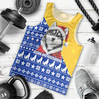Bosnia and Herzegovina Christmas Men Tank Top with Husky Dog Santa Hat and Blue Yellow Snowflake Pattern - Wonder Print Shop