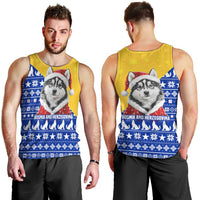 Bosnia and Herzegovina Christmas Men Tank Top with Husky Dog Santa Hat and Blue Yellow Snowflake Pattern - Wonder Print Shop