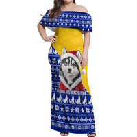 Bosnia and Herzegovina Christmas Off Shoulder Maxi Dress with Husky Dog Santa Hat and Blue Yellow Snowflake Pattern - Wonder Print Shop