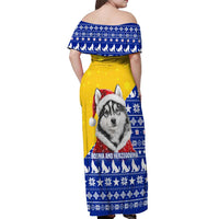 Bosnia and Herzegovina Christmas Off Shoulder Maxi Dress with Husky Dog Santa Hat and Blue Yellow Snowflake Pattern - Wonder Print Shop