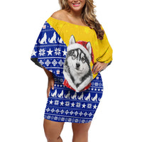 Bosnia and Herzegovina Christmas Off Shoulder Short Dress with Husky Dog Santa Hat and Blue Yellow Snowflake Pattern - Wonder Print Shop