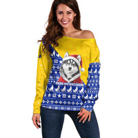 Bosnia and Herzegovina Christmas Off Shoulder Sweater with Husky Dog Santa Hat and Blue Yellow Snowflake Pattern - Wonder Print Shop