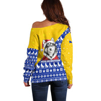 Bosnia and Herzegovina Christmas Off Shoulder Sweater with Husky Dog Santa Hat and Blue Yellow Snowflake Pattern - Wonder Print Shop