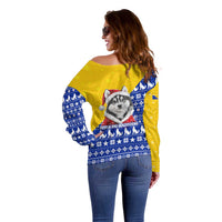 Bosnia and Herzegovina Christmas Off Shoulder Sweater with Husky Dog Santa Hat and Blue Yellow Snowflake Pattern - Wonder Print Shop