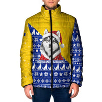 Bosnia and Herzegovina Christmas Padded Jacket with Husky Dog Santa Hat and Blue Yellow Snowflake Pattern - Wonder Print Shop