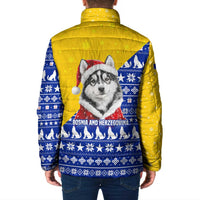 Bosnia and Herzegovina Christmas Padded Jacket with Husky Dog Santa Hat and Blue Yellow Snowflake Pattern - Wonder Print Shop