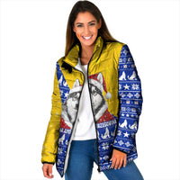 Bosnia and Herzegovina Christmas Padded Jacket with Husky Dog Santa Hat and Blue Yellow Snowflake Pattern - Wonder Print Shop