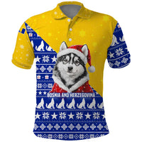 Bosnia and Herzegovina Christmas Polo Shirt with Husky Dog Santa Hat and Blue Yellow Snowflake Pattern - Wonder Print Shop