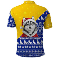 Bosnia and Herzegovina Christmas Polo Shirt with Husky Dog Santa Hat and Blue Yellow Snowflake Pattern - Wonder Print Shop