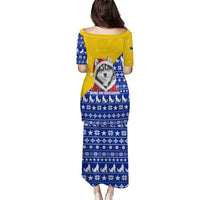 Bosnia and Herzegovina Christmas Puletasi with Husky Dog Santa Hat and Blue Yellow Snowflake Pattern - Wonder Print Shop