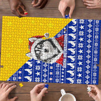 Bosnia and Herzegovina Christmas Puzzle with Husky Dog Santa Hat and Blue Yellow Snowflake Pattern - Wonder Print Shop