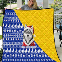 Bosnia and Herzegovina Christmas Quilt with Husky Dog Santa Hat and Blue Yellow Snowflake Pattern - Wonder Print Shop