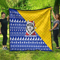 Bosnia and Herzegovina Christmas Quilt with Husky Dog Santa Hat and Blue Yellow Snowflake Pattern - Wonder Print Shop