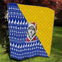 Bosnia and Herzegovina Christmas Quilt with Husky Dog Santa Hat and Blue Yellow Snowflake Pattern - Wonder Print Shop