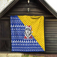 Bosnia and Herzegovina Christmas Quilt with Husky Dog Santa Hat and Blue Yellow Snowflake Pattern - Wonder Print Shop