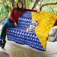 Bosnia and Herzegovina Christmas Quilt with Husky Dog Santa Hat and Blue Yellow Snowflake Pattern - Wonder Print Shop
